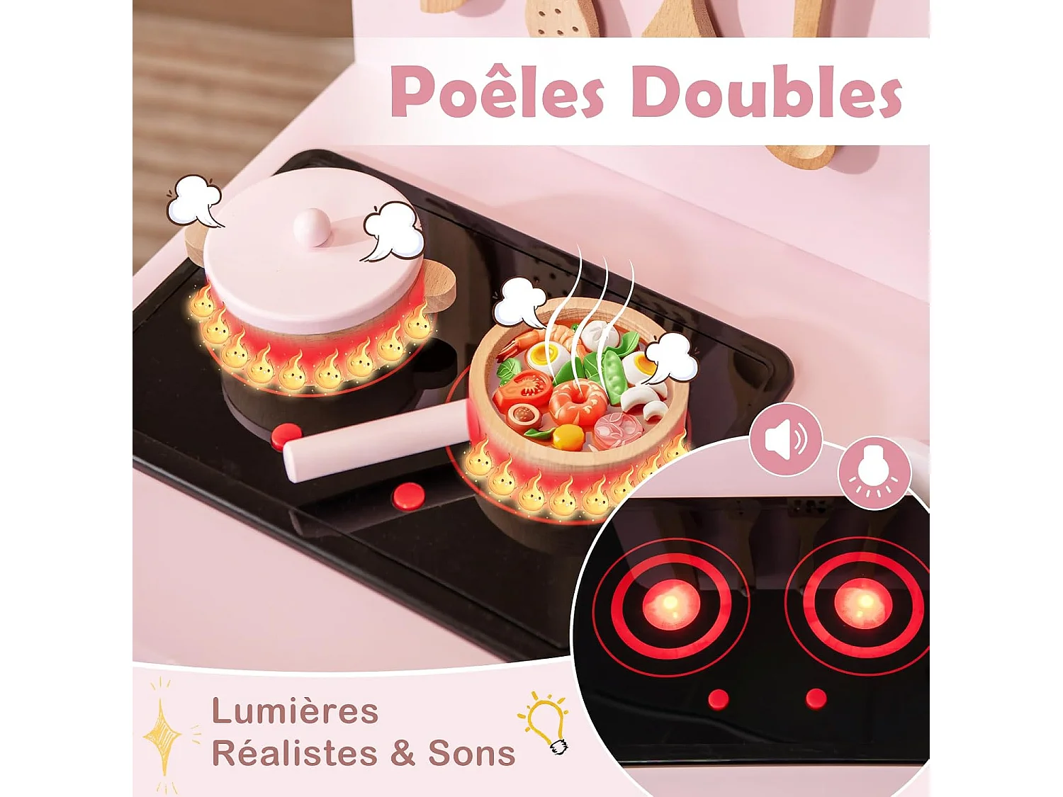 Cuisine Enfant en Bois avec Lumière & Son & 10 Accessoires, Jeu de Cuisine Enfant avec Évier Amovible & Poêles Double, Espace de Rangement, pour 3 Ans+ (Rose)
