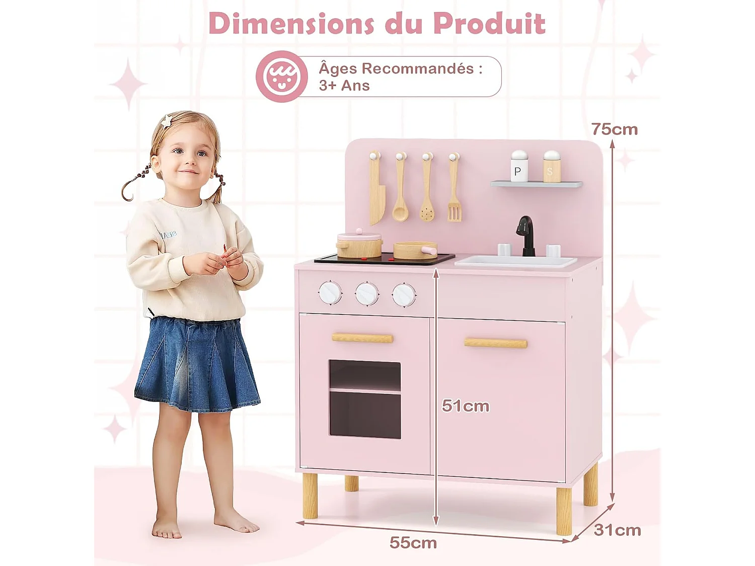 Cuisine Enfant en Bois avec Lumière & Son & 10 Accessoires, Jeu de Cuisine Enfant avec Évier Amovible & Poêles Double, Espace de Rangement, pour 3 Ans+ (Rose)