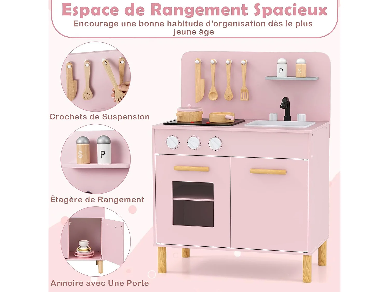 Cuisine Enfant en Bois avec Lumière & Son & 10 Accessoires, Jeu de Cuisine Enfant avec Évier Amovible & Poêles Double, Espace de Rangement, pour 3 Ans+ (Rose)