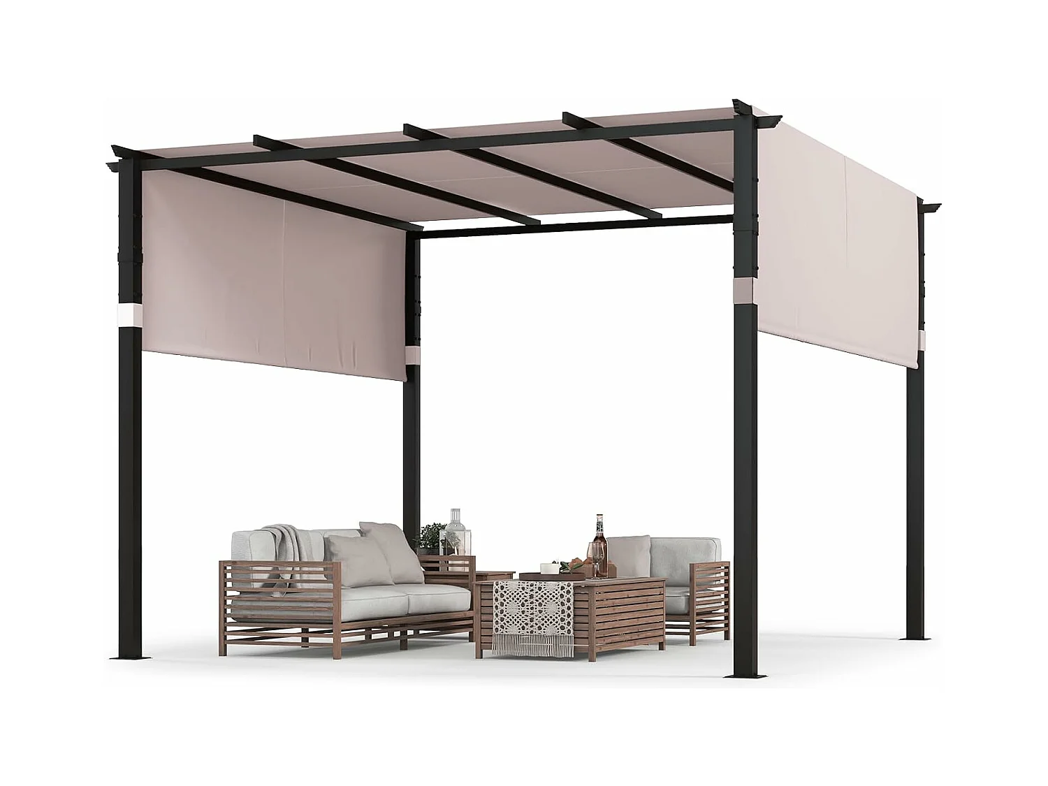 Pergola Rétractable d'Extérieur 305 x 305 CM, Pergola Métallique de Jardin à Toit Plat, avec Auvent Rétractable 2 Couvre-soleils à Enrouleur, Tonnelle Abri (Gris)