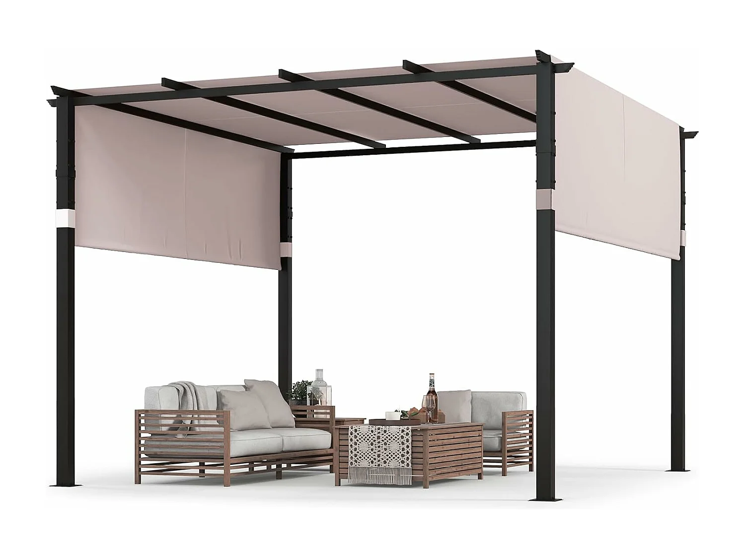 Pergola Rétractable d'Extérieur 305 x 305 CM, Pergola Métallique de Jardin à Toit Plat, avec Auvent Rétractable 2 Couvre-soleils à Enrouleur, Tonnelle Abri (Gris)