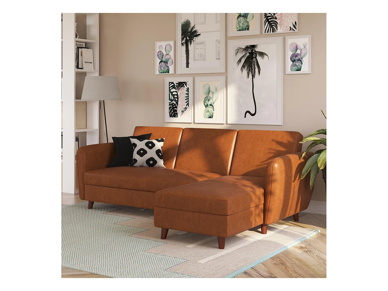 Divano letto 3 posti con chaise longue in ecopelle Camel