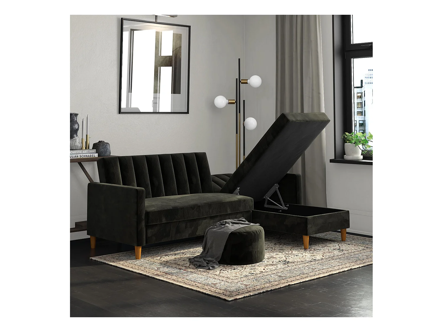 Sofá Cama 4 Plazas con Chaise Lounge en Terciopelo Negro