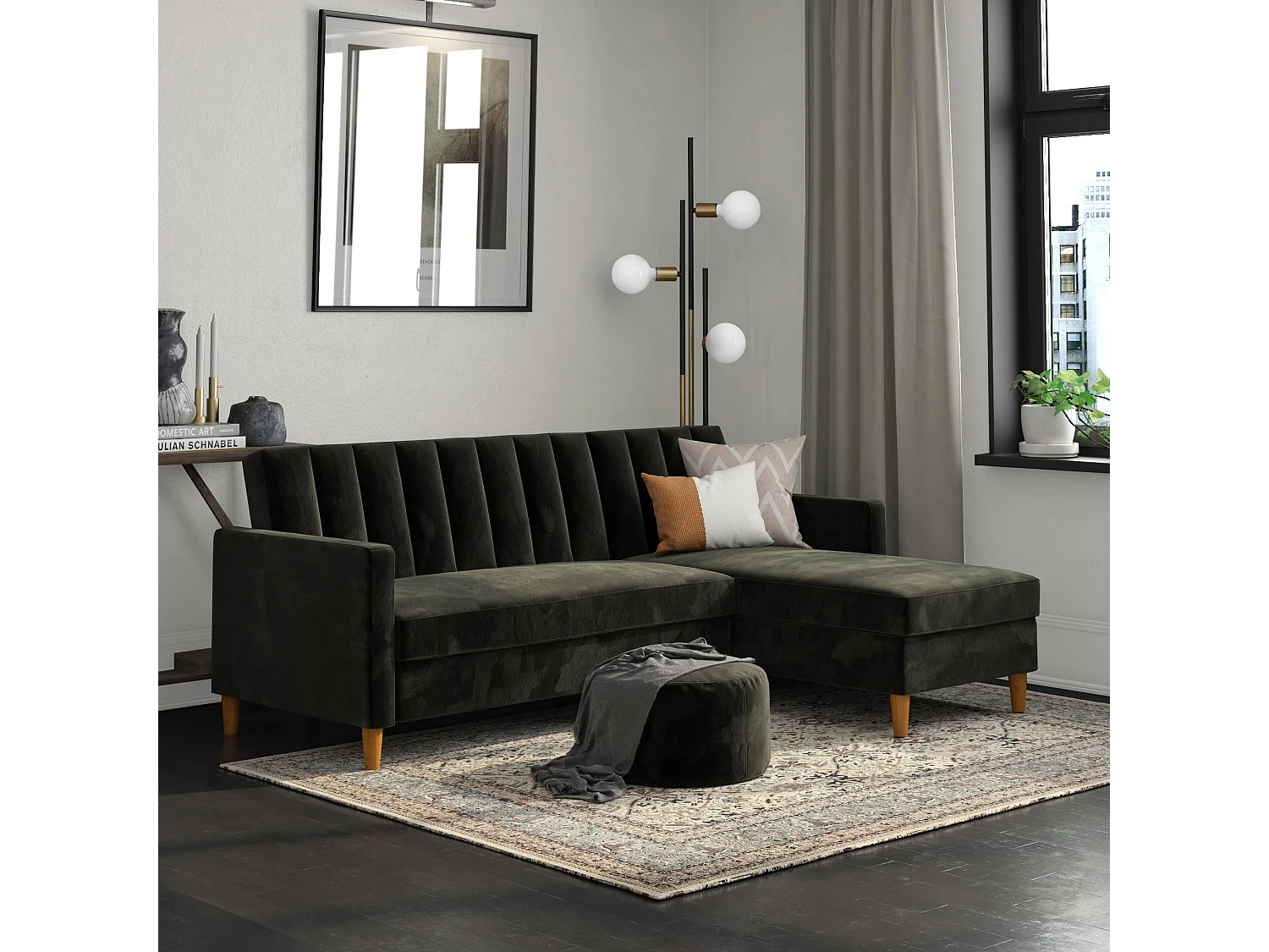 Sofá Cama 4 Plazas con Chaise Lounge en Terciopelo Negro