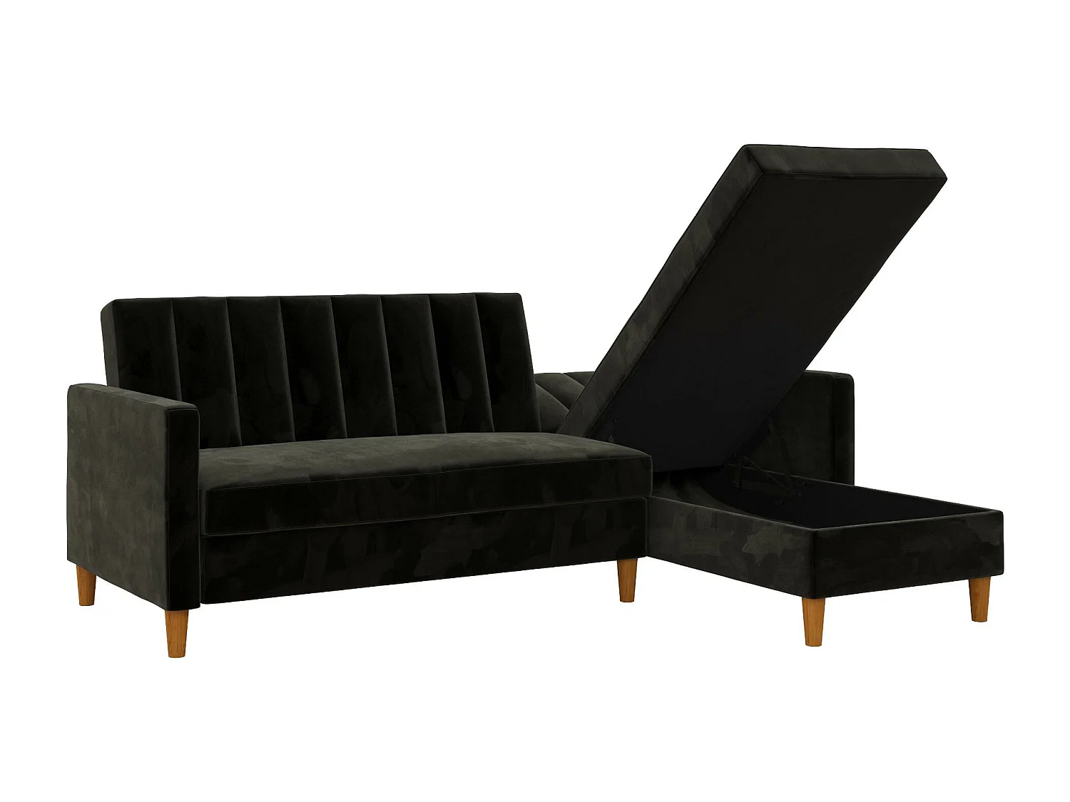 Sofá Cama 4 Plazas con Chaise Lounge en Terciopelo Negro