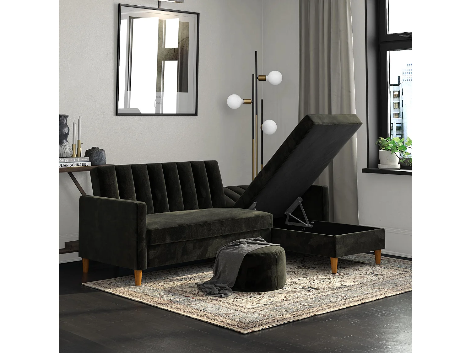 Sofá Cama 4 Plazas con Chaise Lounge en Terciopelo Negro