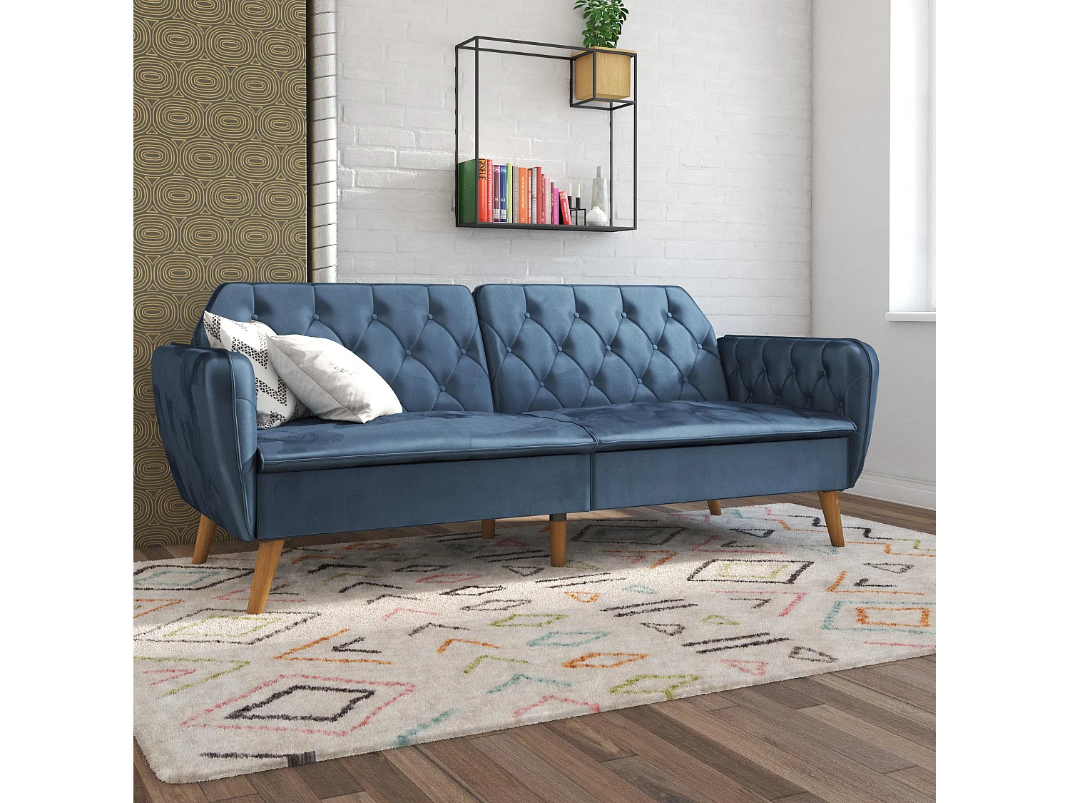 Sofá Cama 3 Plazas en Terciopelo Azul