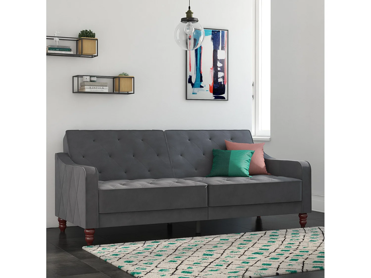 Vintage Tufted | Canapé-lit 3 places en gris velours