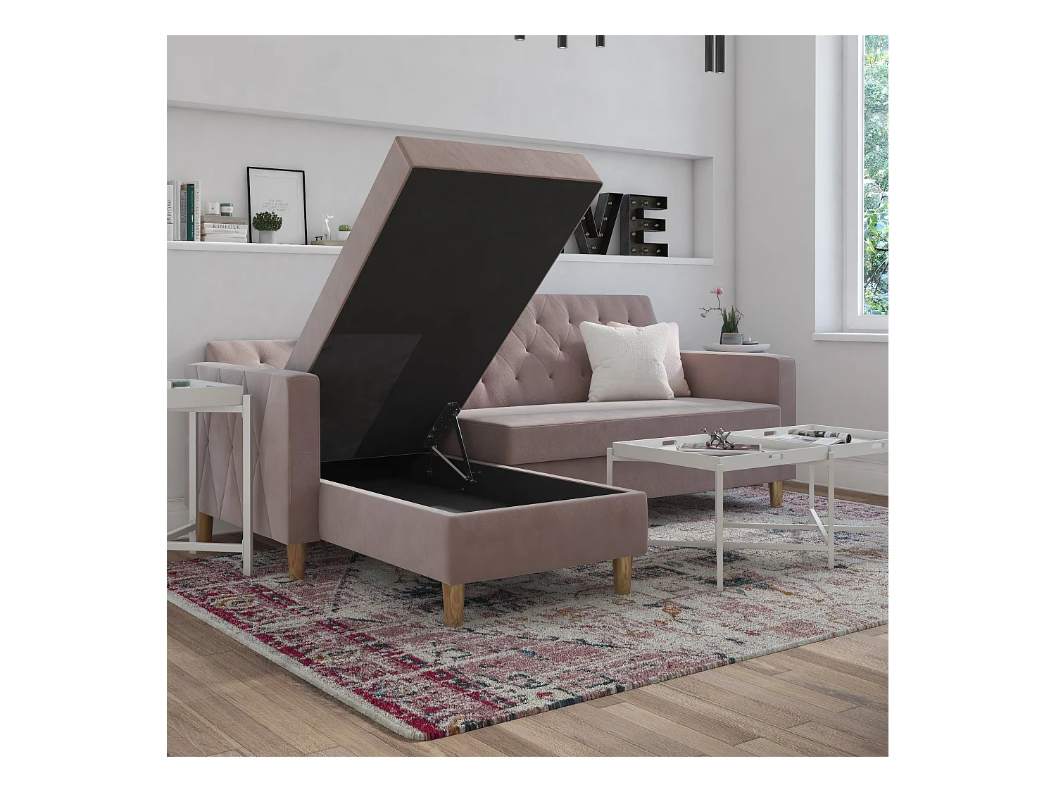 Divano letto 3 posti con chaise longue in ciniglia rosa