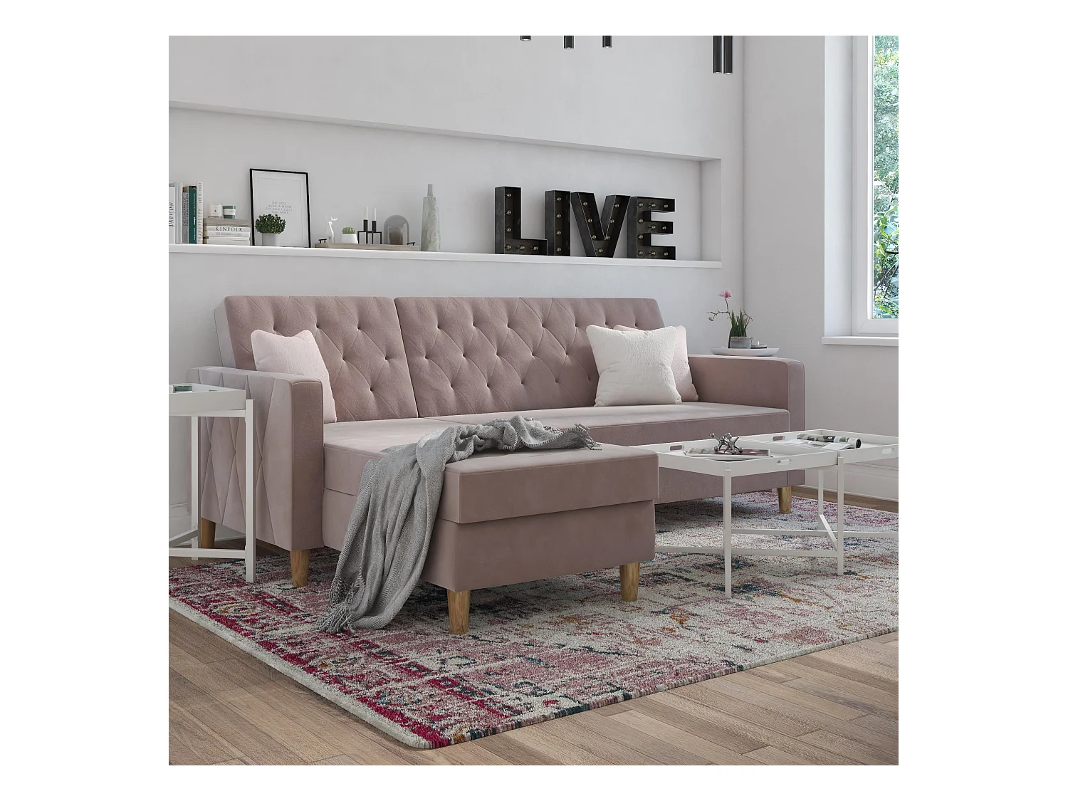 Divano letto 3 posti con chaise longue in ciniglia rosa