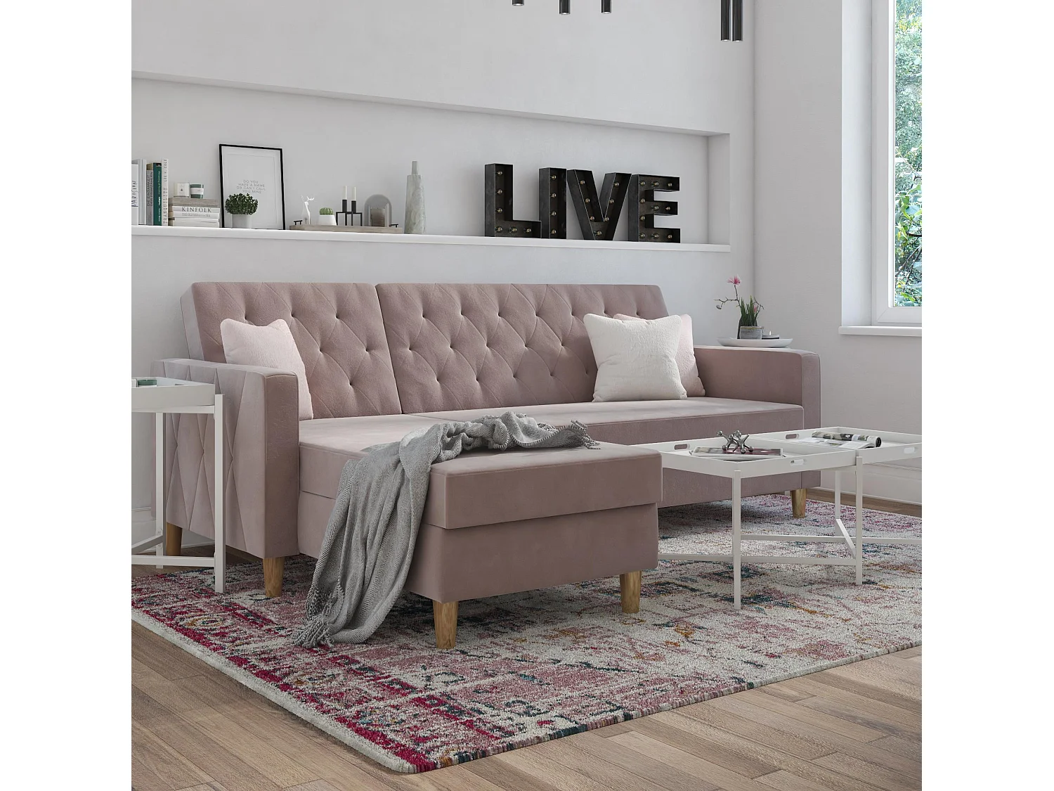 Liberty | Canapé-lit 3 places avec chaise longue en tissu rose