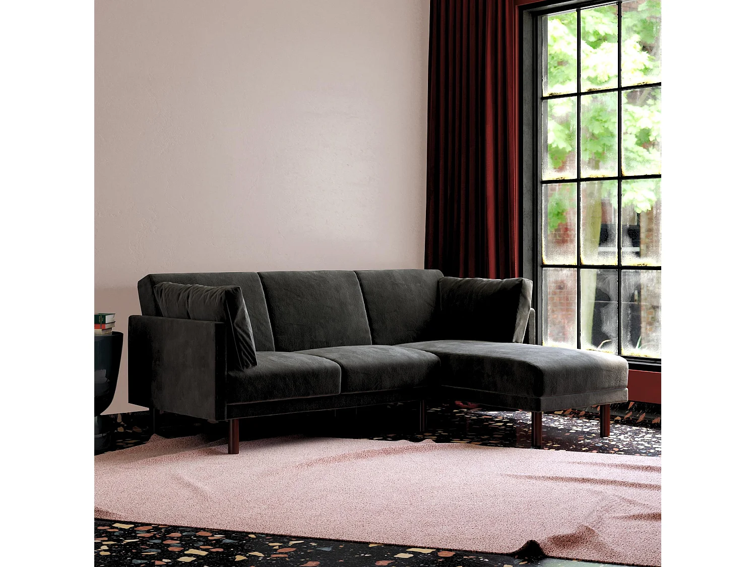 Clair | Canapé-lit 3 places avec chaise longue en velours noir