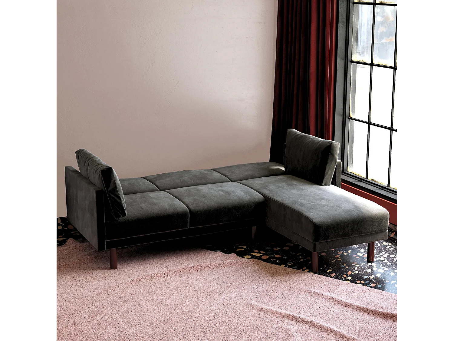 Clair | Canapé-lit 3 places avec chaise longue en velours noir