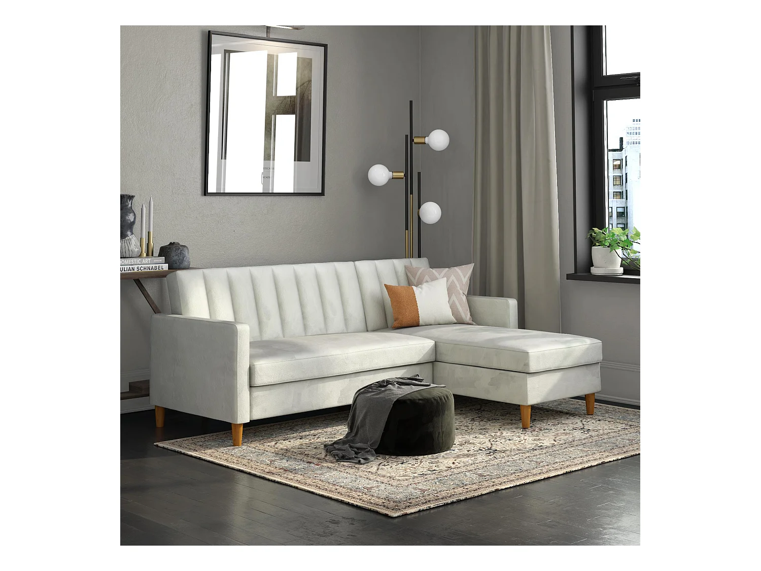 Sofá Cama 4 Plazas con Chaise Lounge en Terciopelo Gris Claro