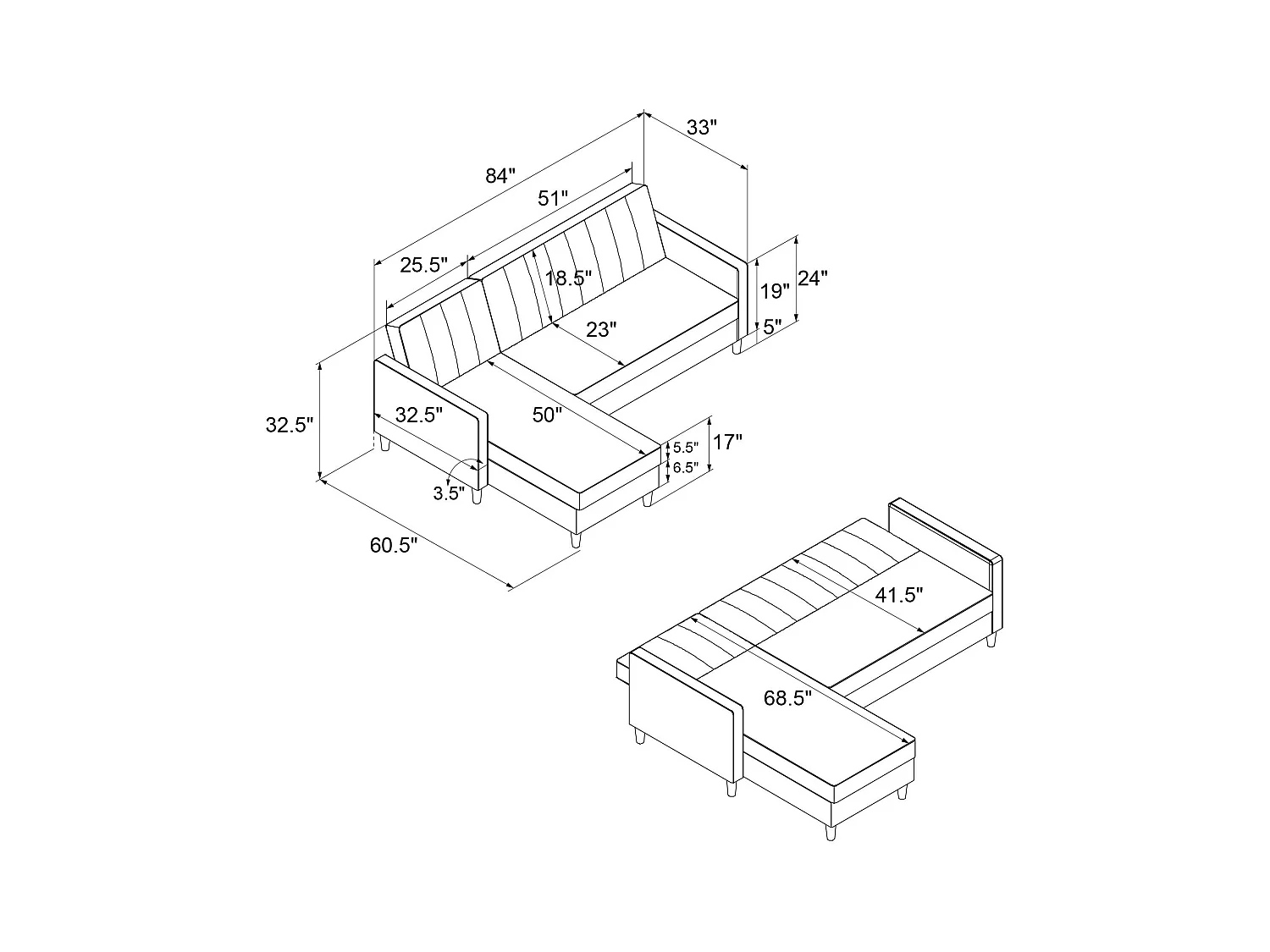 Sofá Cama 4 Plazas con Chaise Lounge en Terciopelo Gris Claro