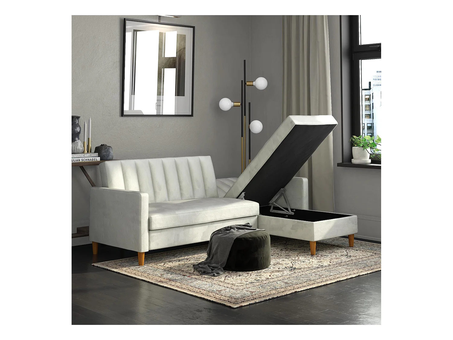 Sofá Cama 4 Plazas con Chaise Lounge en Terciopelo Gris Claro