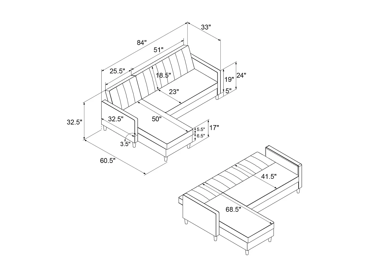 Sofá Cama 4 Plazas con Chaise Lounge en Terciopelo Gris Claro