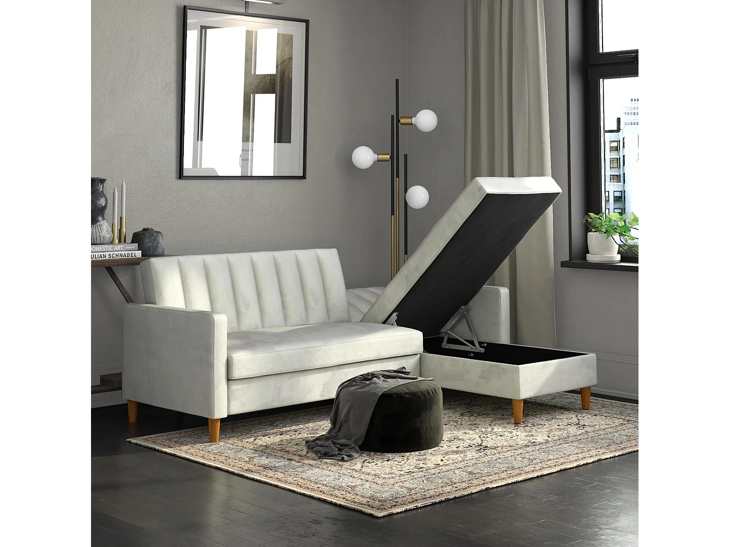 Sofá Cama 4 Plazas con Chaise Lounge en Terciopelo Gris Claro
