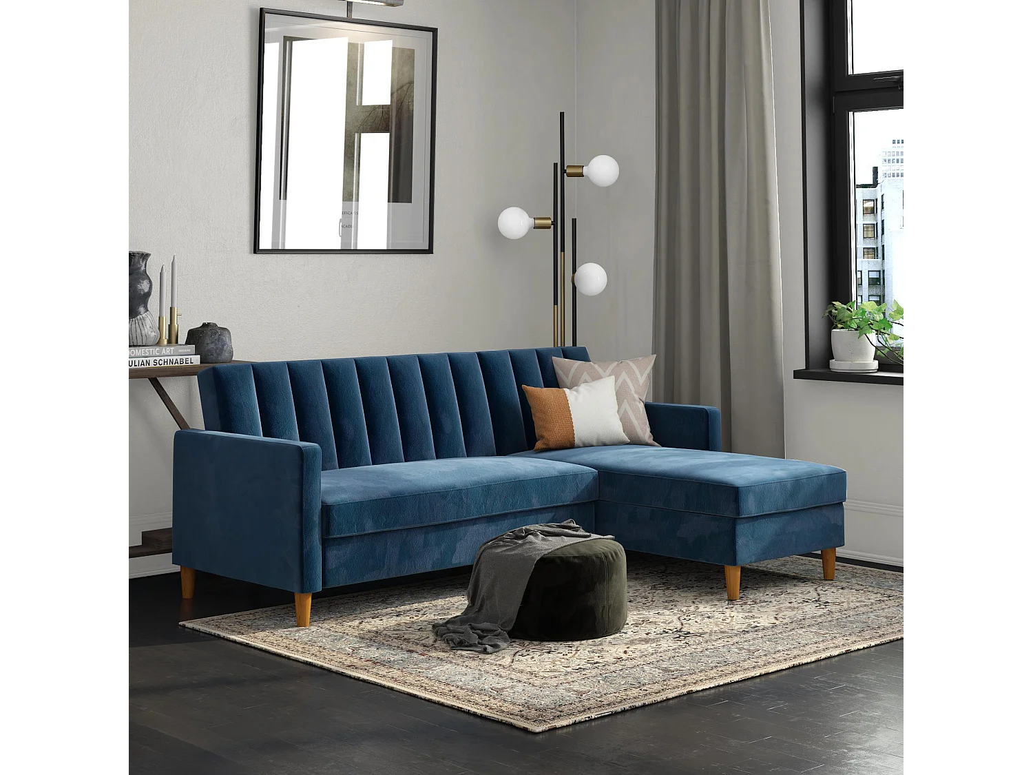 Celine | Canapé lit 4 places avec chaise longue en velours bleu marine
