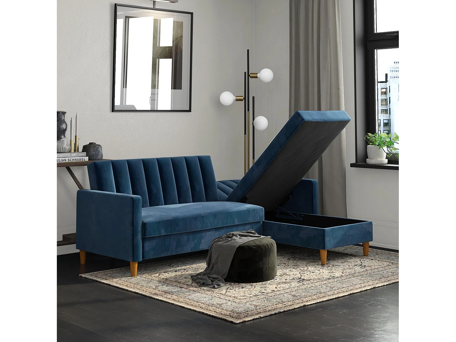 Celine | Canapé lit 4 places avec chaise longue en velours bleu marine