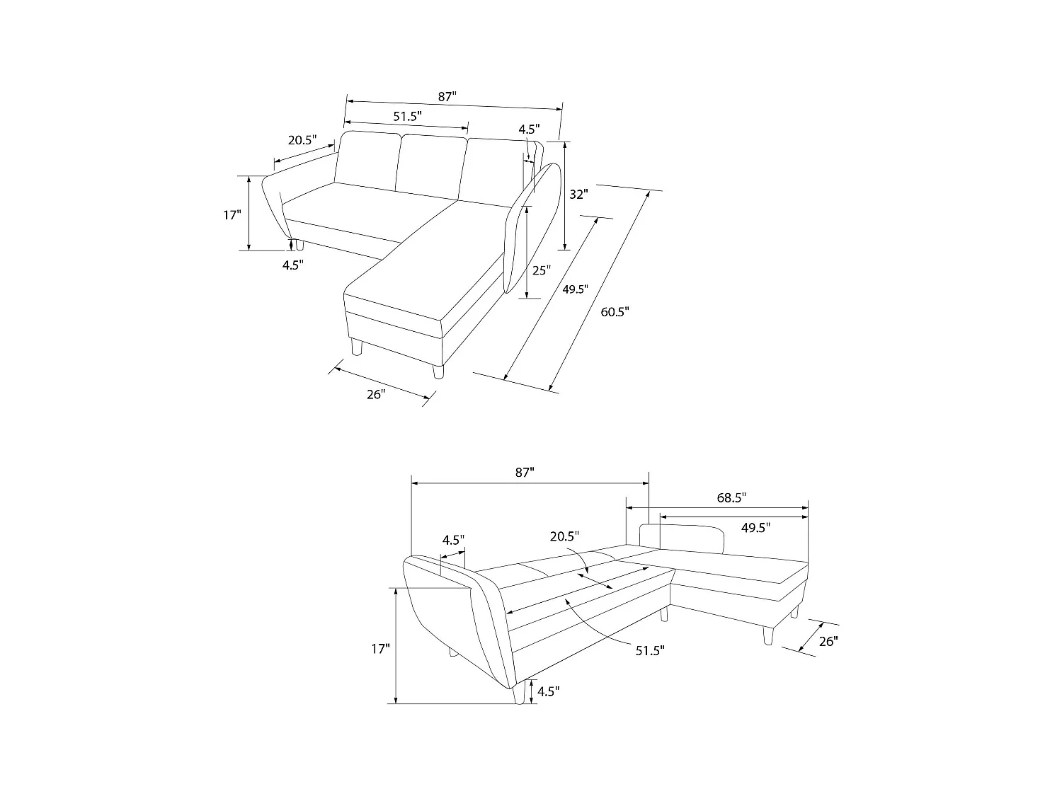 Perry | Canapé lit 3 places avec chaise longue en gris velours