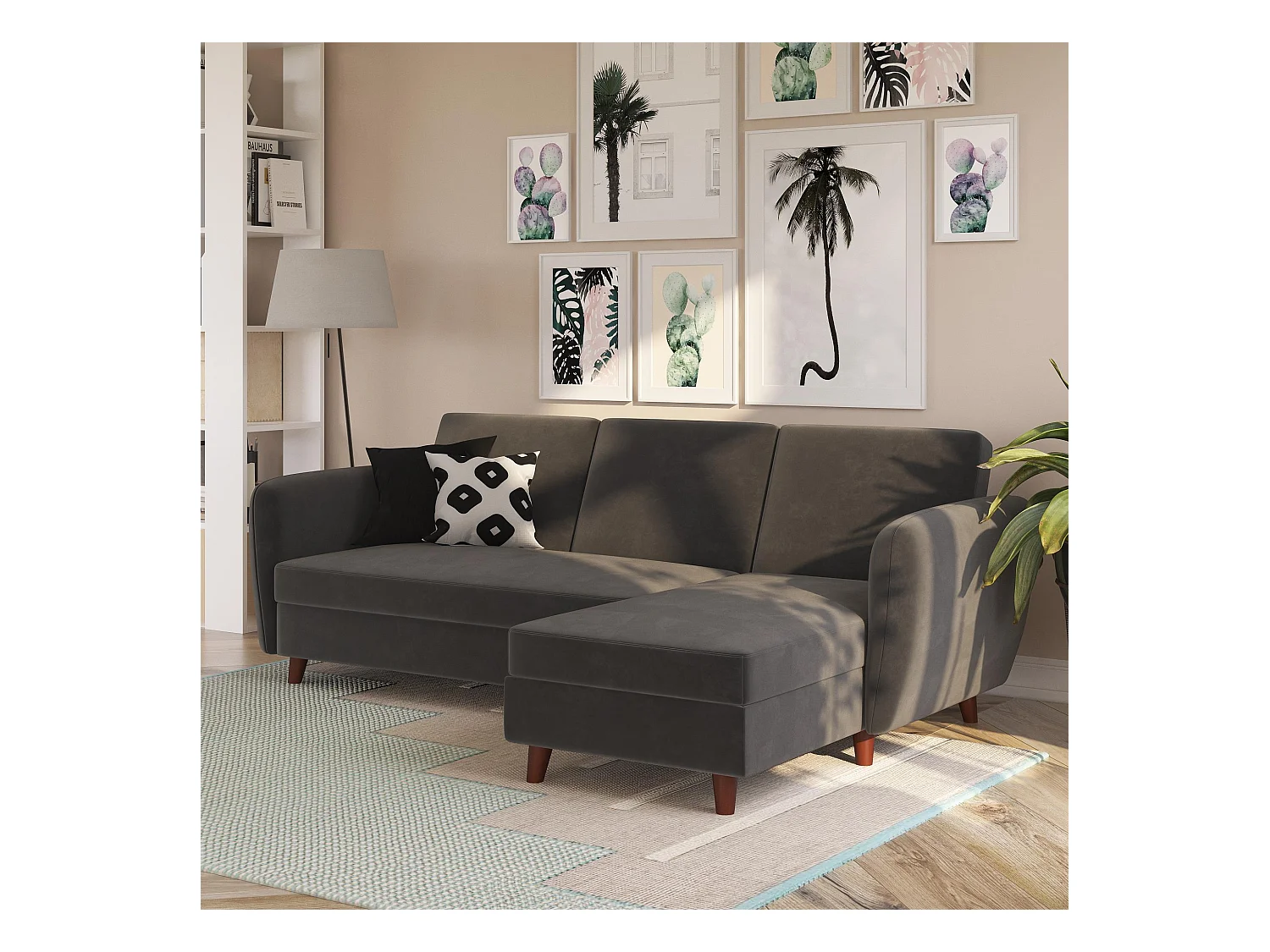 Perry | Canapé lit 3 places avec chaise longue en gris velours