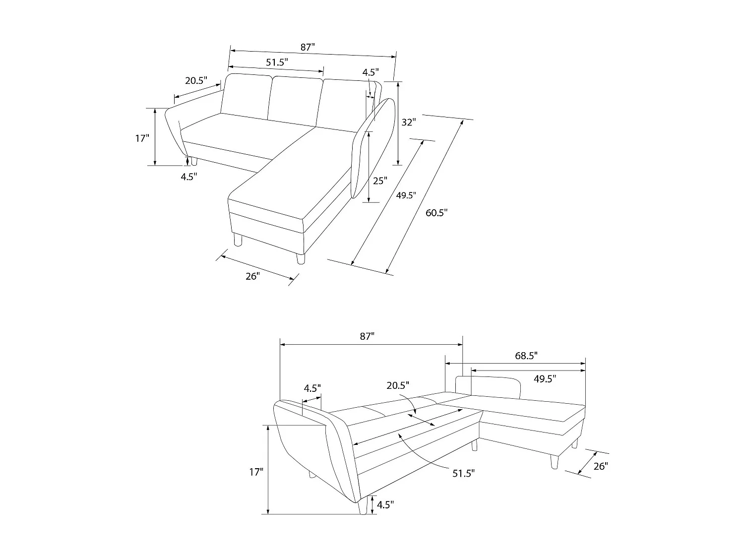 Slaapbank 3 zitplaatsen met chaise longue in fluweelgrijs
