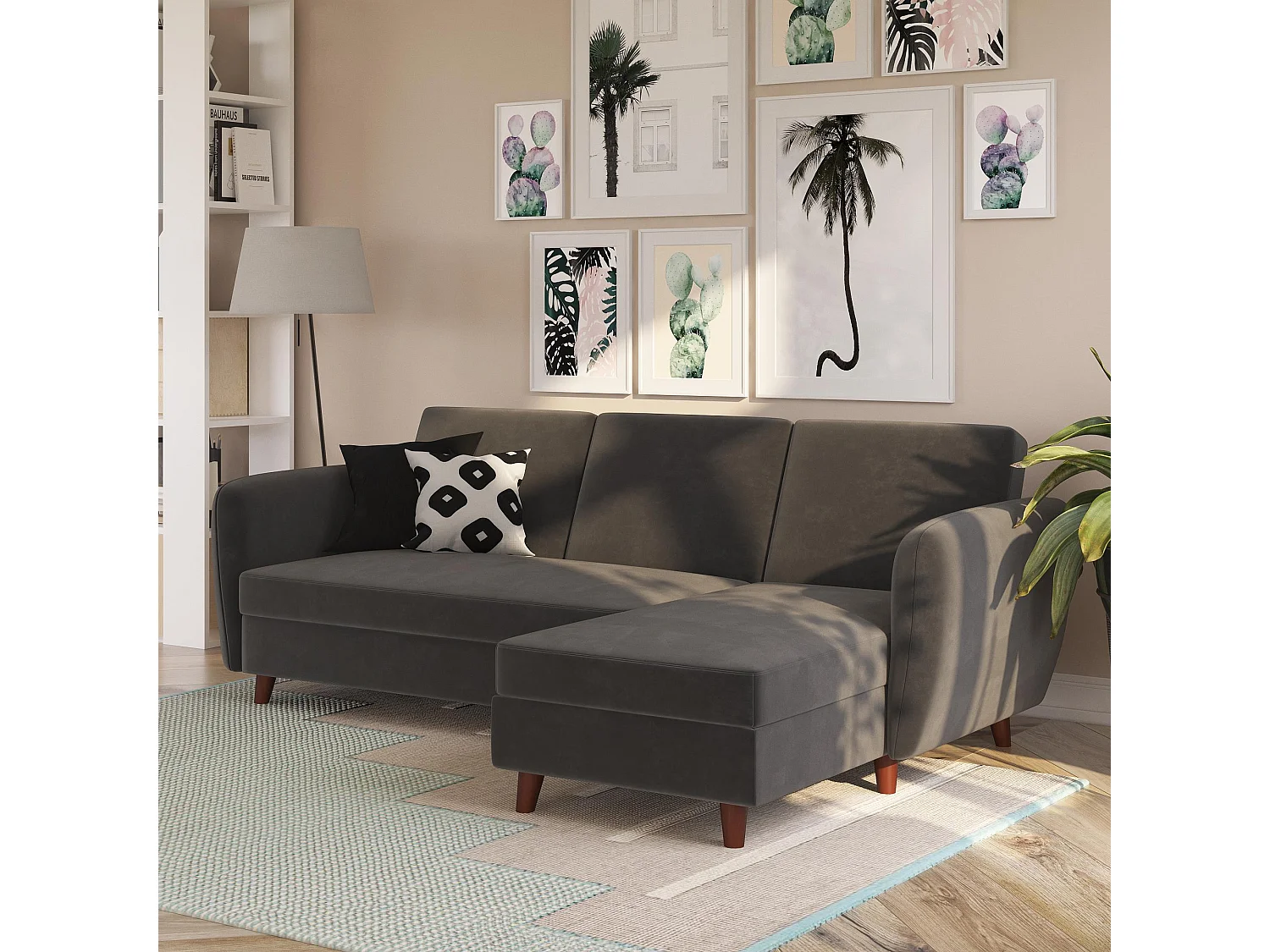 Slaapbank 3 zitplaatsen met chaise longue in fluweelgrijs