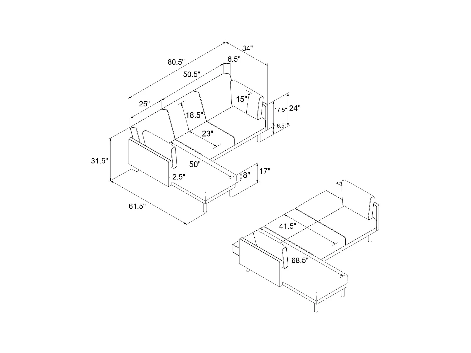Clair | Canapé-lit 3 places avec chaise longue en vert velours