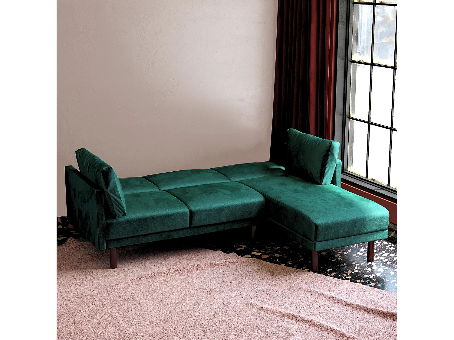 Clair | Canapé-lit 3 places avec chaise longue en vert velours
