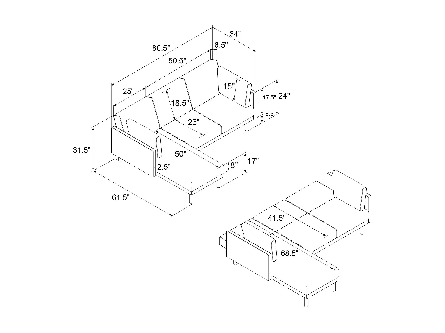 Clair | Canapé-lit 3 places avec chaise longue en vert velours