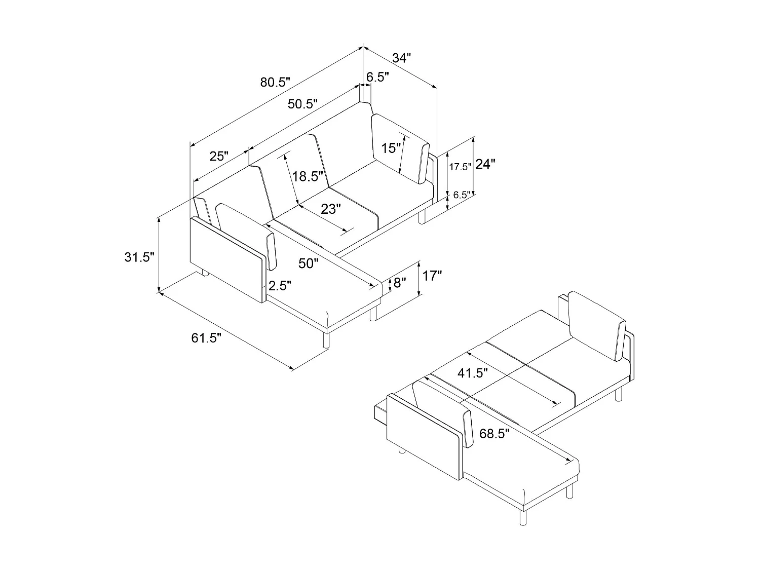 Clair | Canapé-lit 3 places avec chaise longue en vert velours