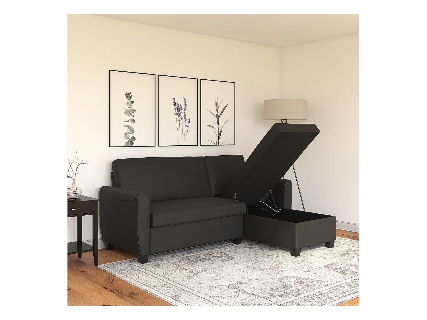 Noah | Canapé convertible 3 places avec chaise longue en simili cuir Noir