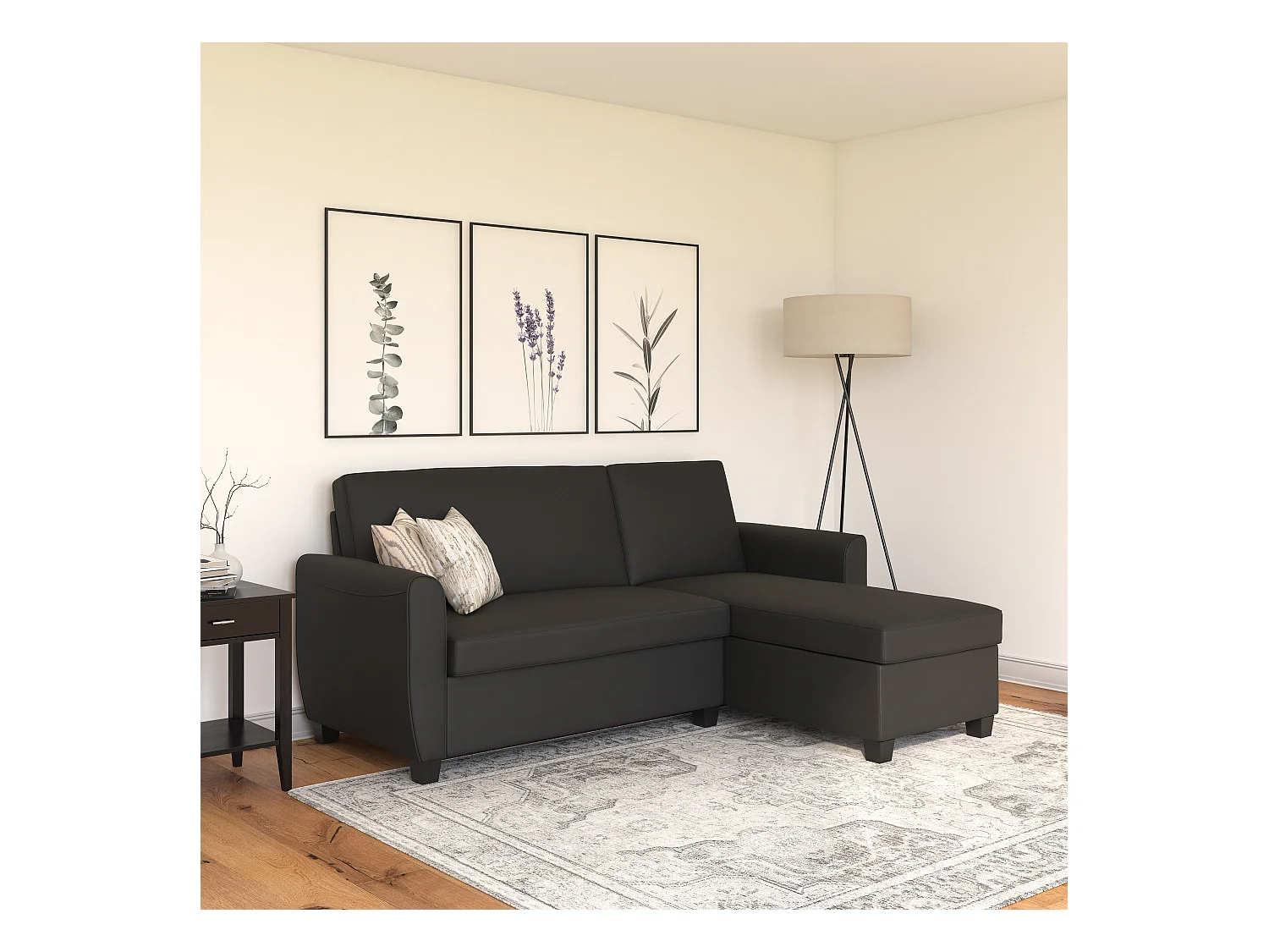 Noah | Canapé convertible 3 places avec chaise longue en simili cuir Noir