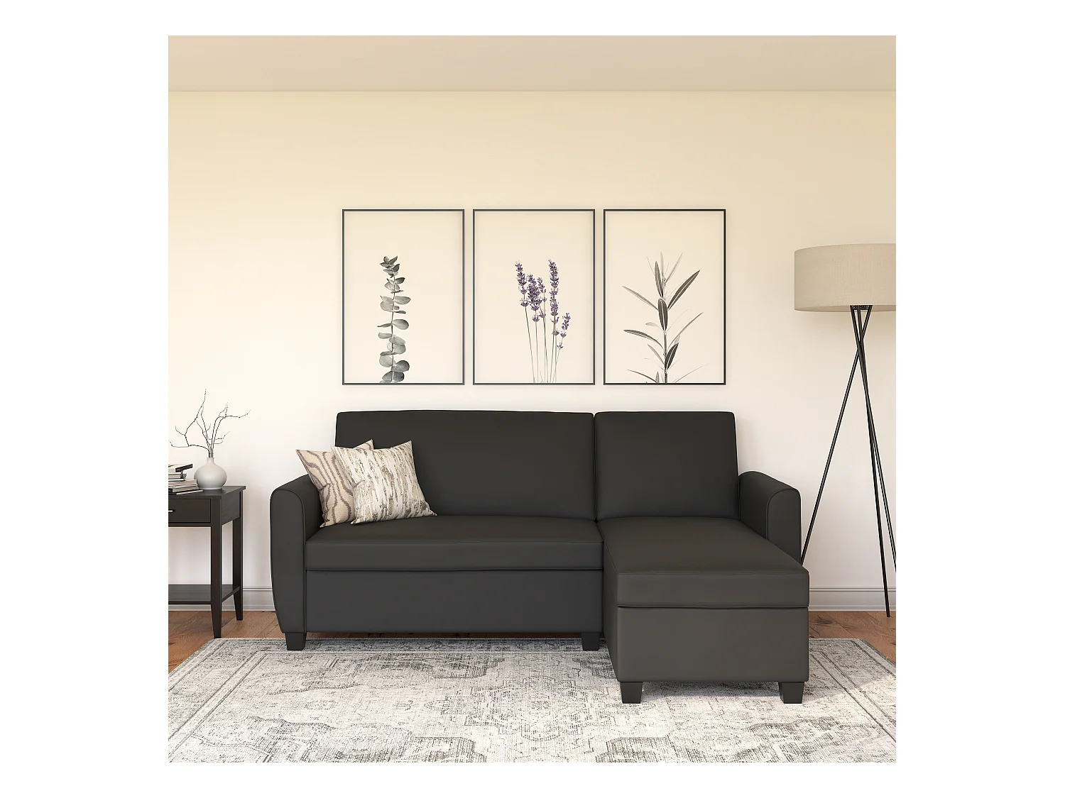 Noah | Canapé convertible 3 places avec chaise longue en simili cuir Noir