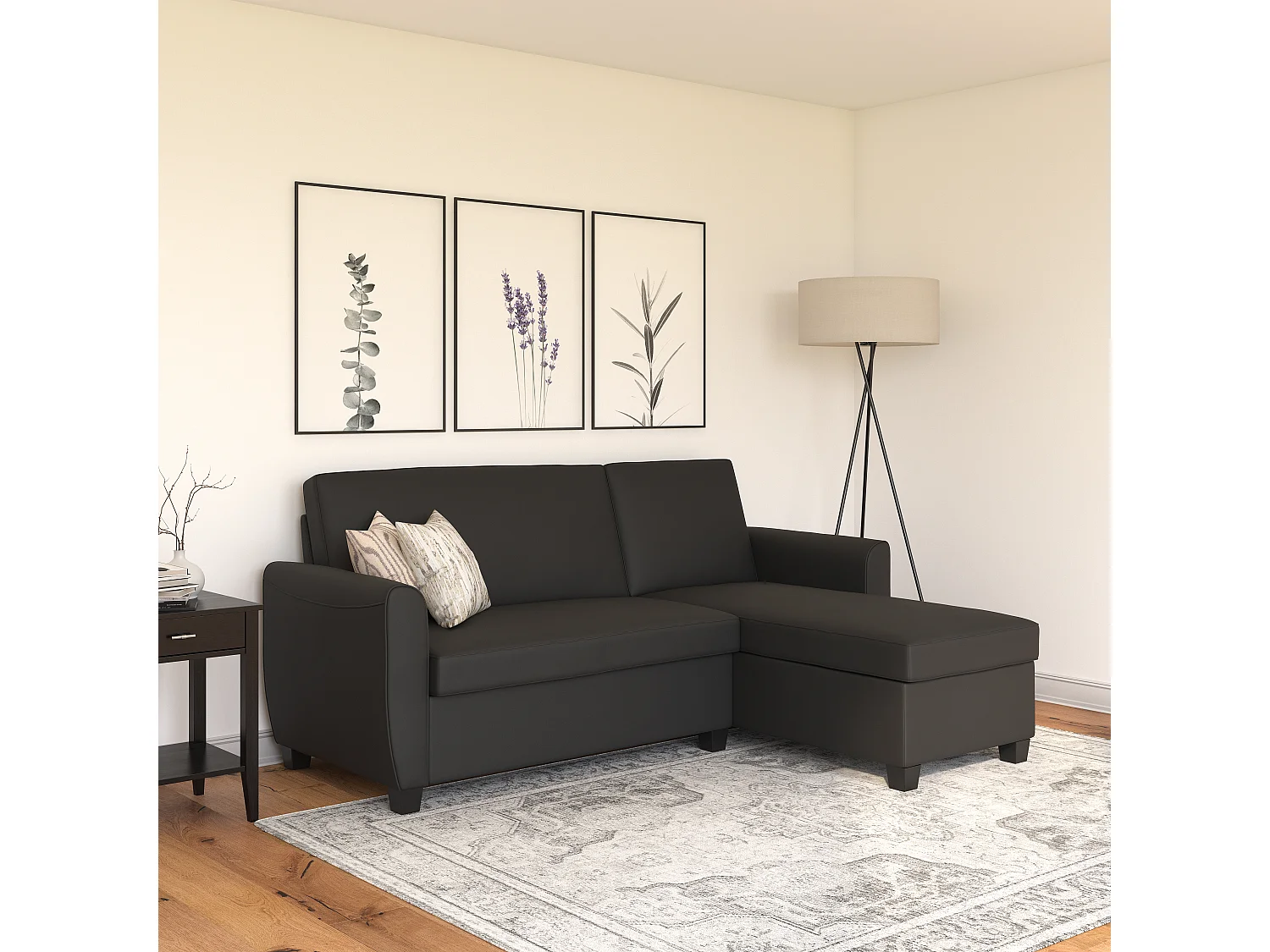 Noah | Canapé convertible 3 places avec chaise longue en simili cuir Noir