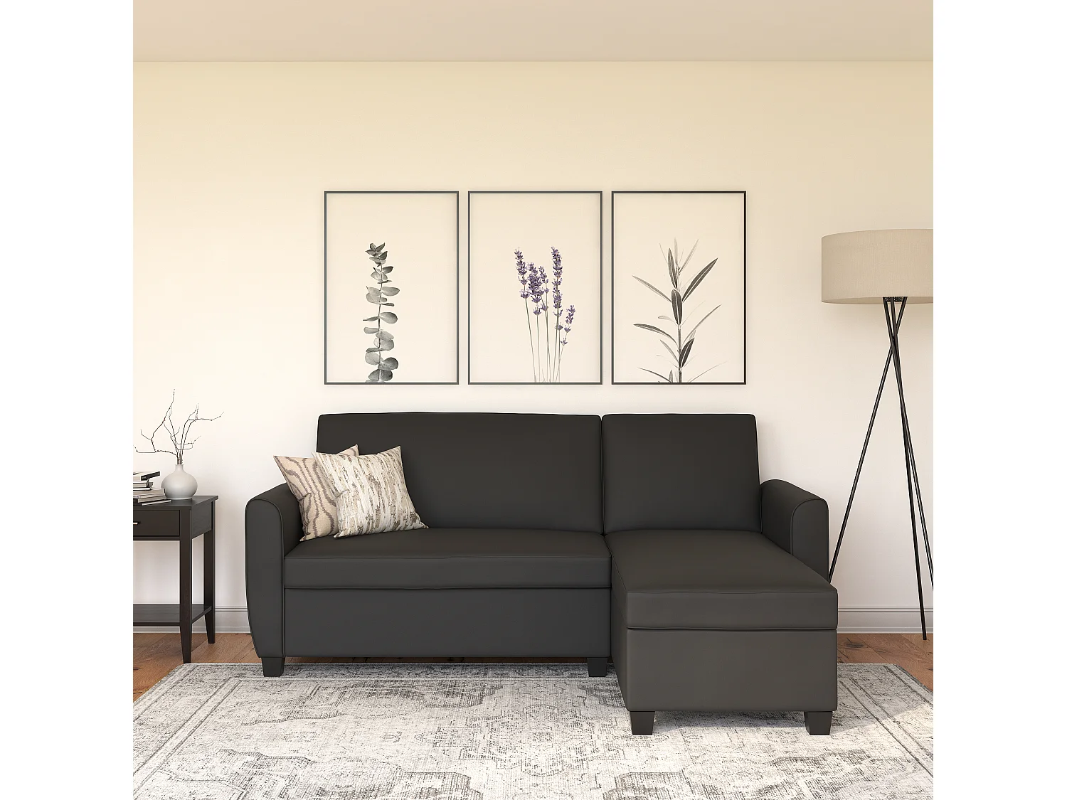 Noah | Canapé convertible 3 places avec chaise longue en simili cuir Noir