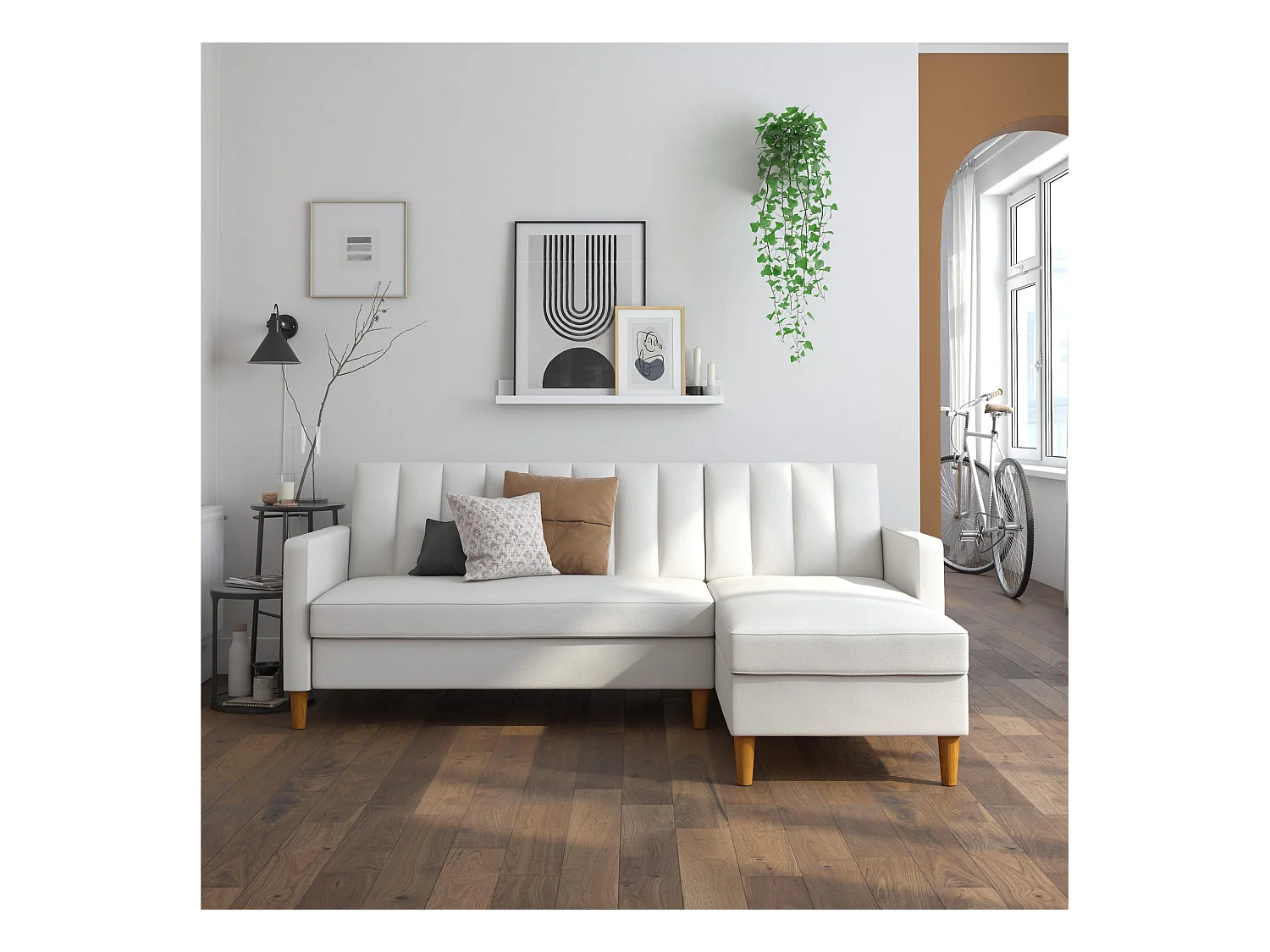 Celine | Canapé-lit 3 places et chaise longue en simili cuir blanc