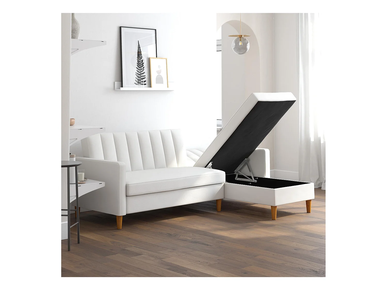 Celine | Canapé-lit 3 places et chaise longue en simili cuir blanc