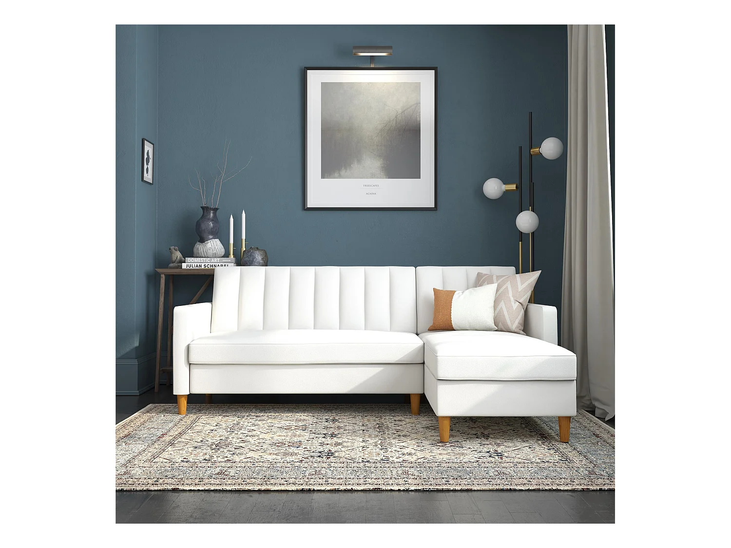 Sofa Cama 3 Plazas con Chaise Lounge en Imitacion Piel Blanco