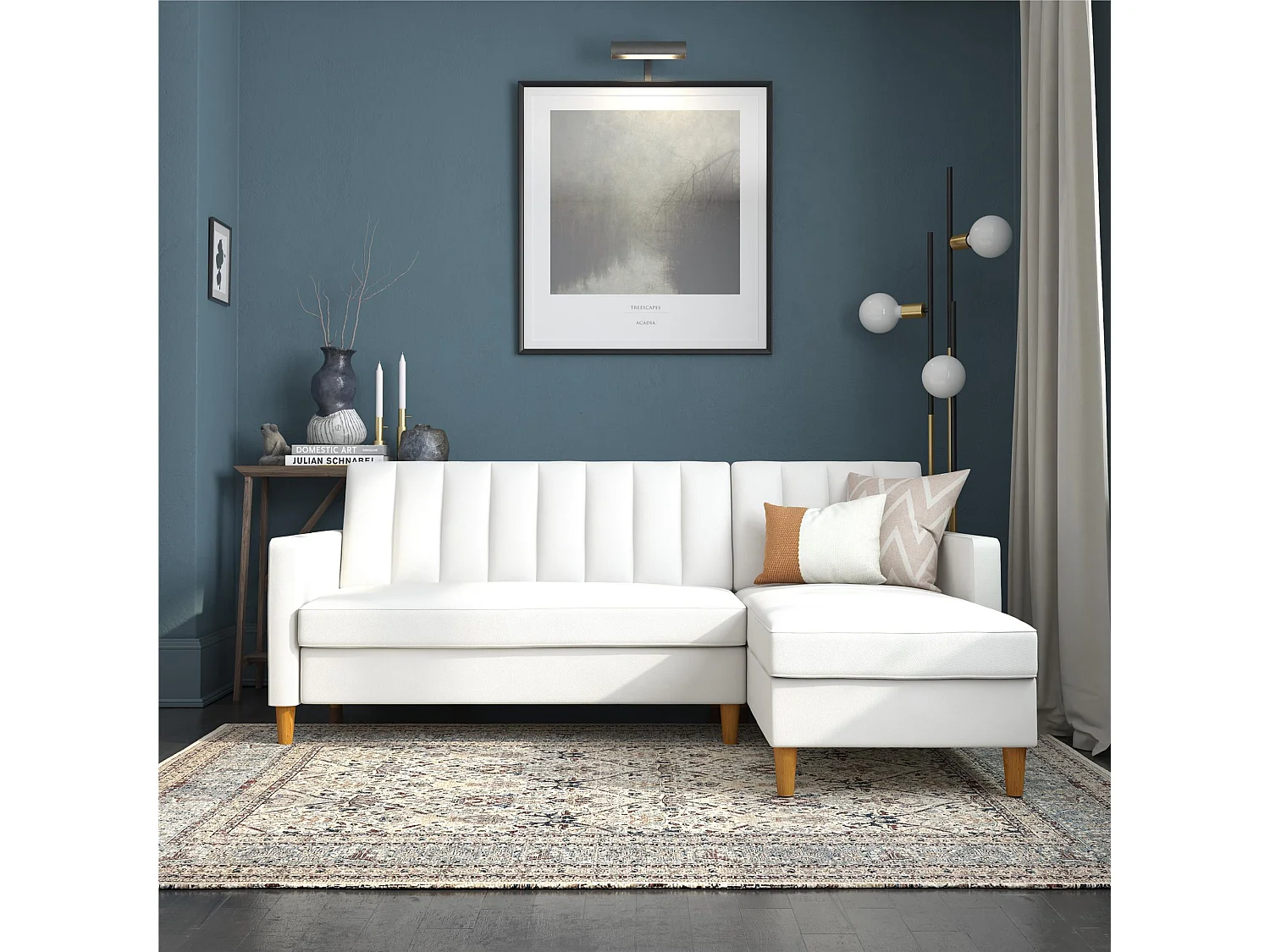 Sofa Cama 3 Plazas con Chaise Lounge en Imitacion Piel Blanco