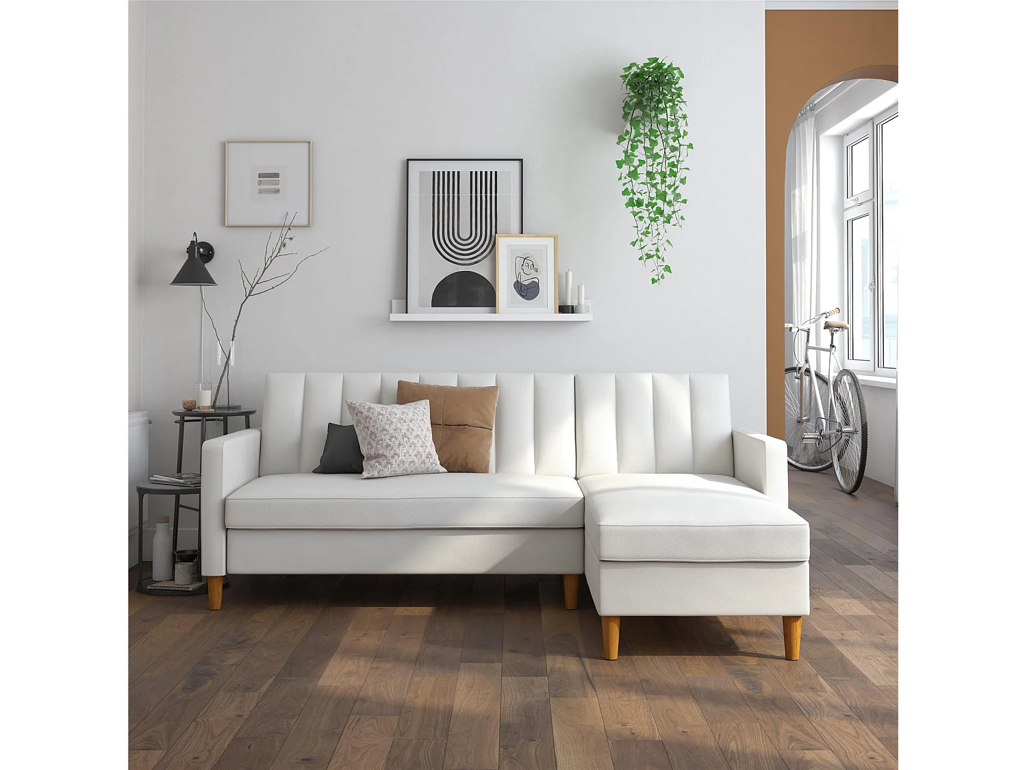 Sofa Cama 3 Plazas con Chaise Lounge en Imitacion Piel Blanco