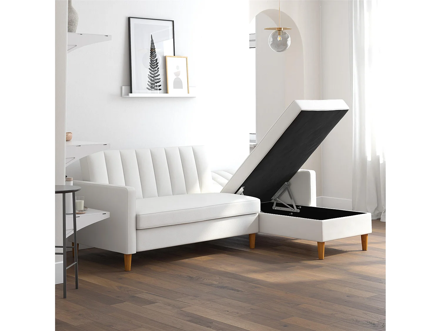 Sofa Cama 3 Plazas con Chaise Lounge en Imitacion Piel Blanco