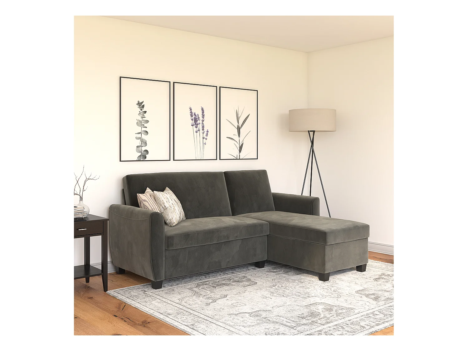 Slaapbank 3 zits met chaise lounge in fluweel grijs