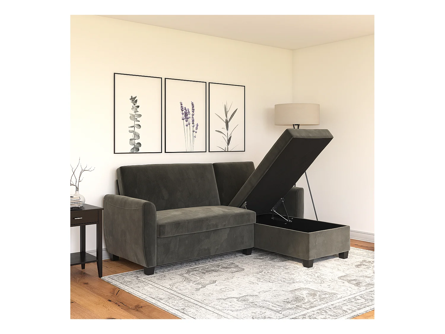 Slaapbank 3 zits met chaise lounge in fluweel grijs