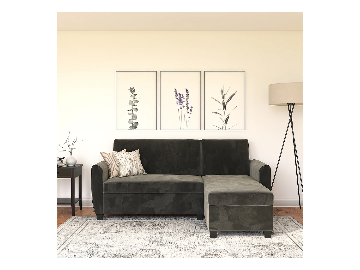 Slaapbank 3 zits met chaise lounge in fluweel grijs