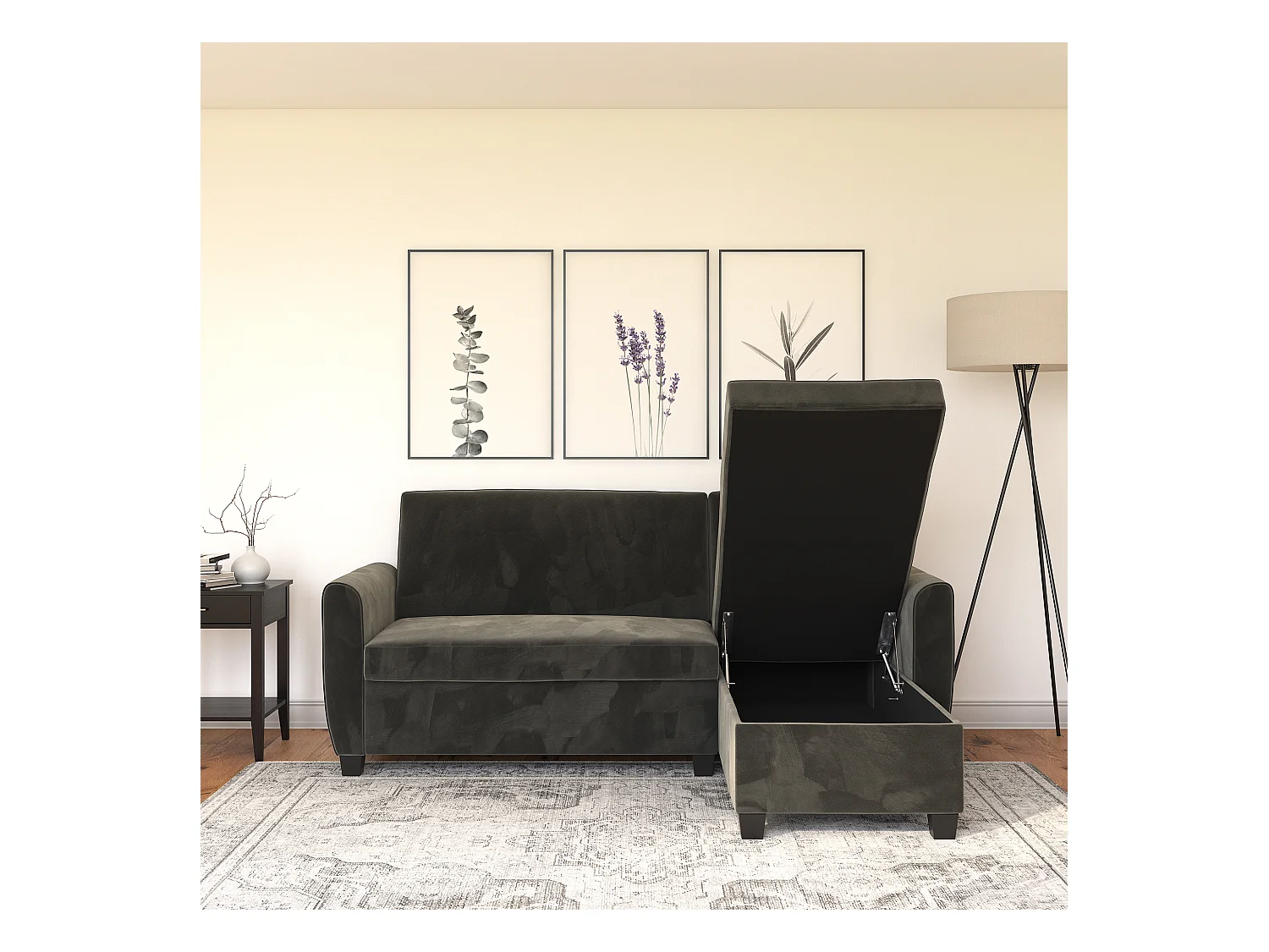 Slaapbank 3 zits met chaise lounge in fluweel grijs