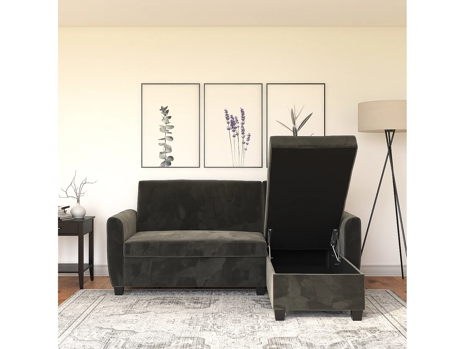 Schlafsofa 3 Sitze mit Chaise Lounge in Velvet Grey
