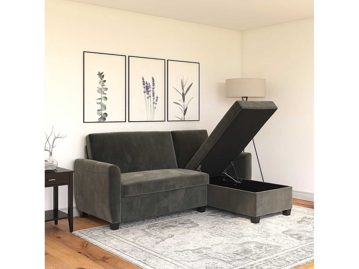 Noah | Canapé-lit 3 places avec chaise longue en gris velours