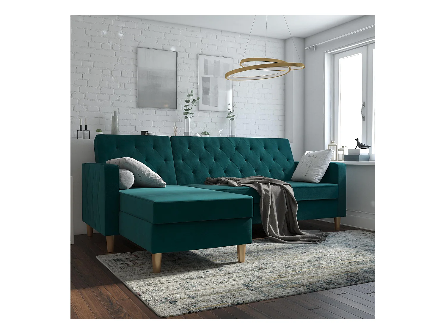 Slaapbank 3 zitplaatsen met chaise lounge in Chenille groen